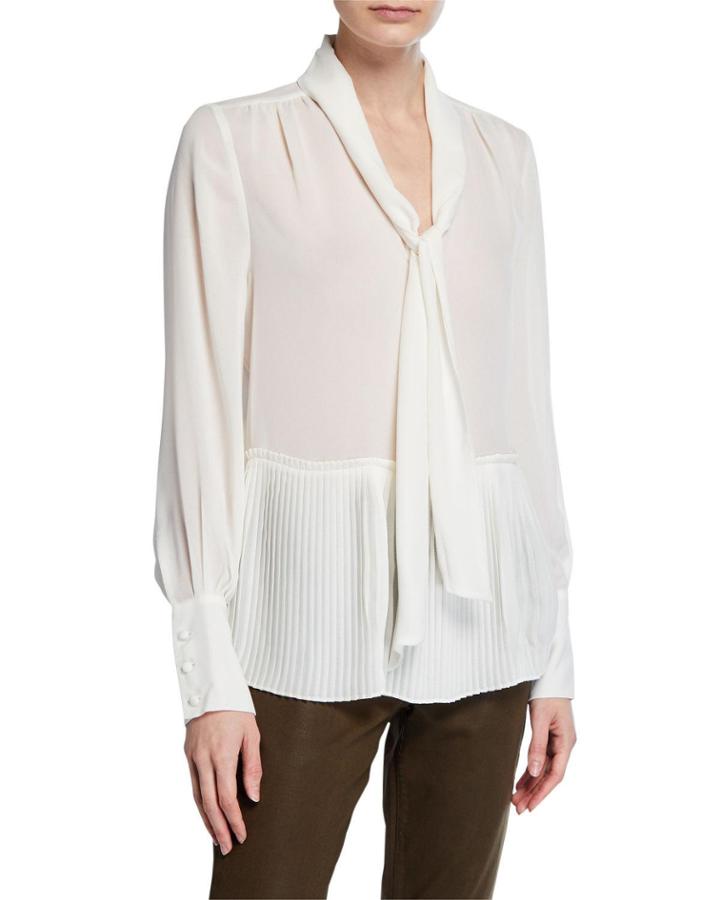 Pleated Peplum Tie-neck Top