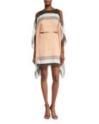 Kimono-sleeve Colorblock Belted Caftan, Peach Blush