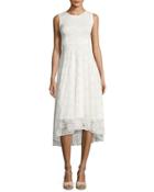 Sleeveless Jewel-neck Lace Midi Dress, White