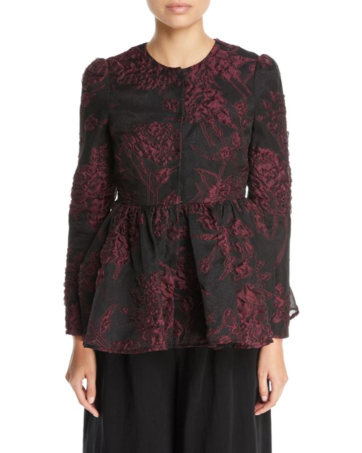 Floral-jacquard Collarless Peplum Jacket