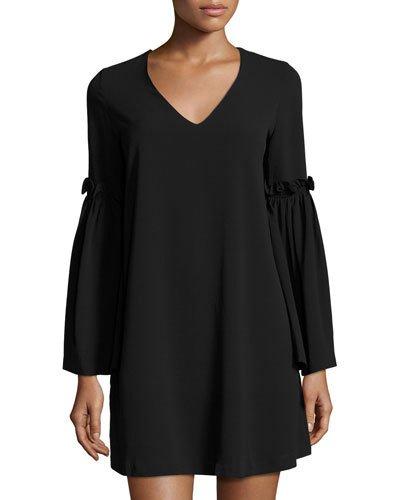 Bell-sleeve Shift Dress, Black