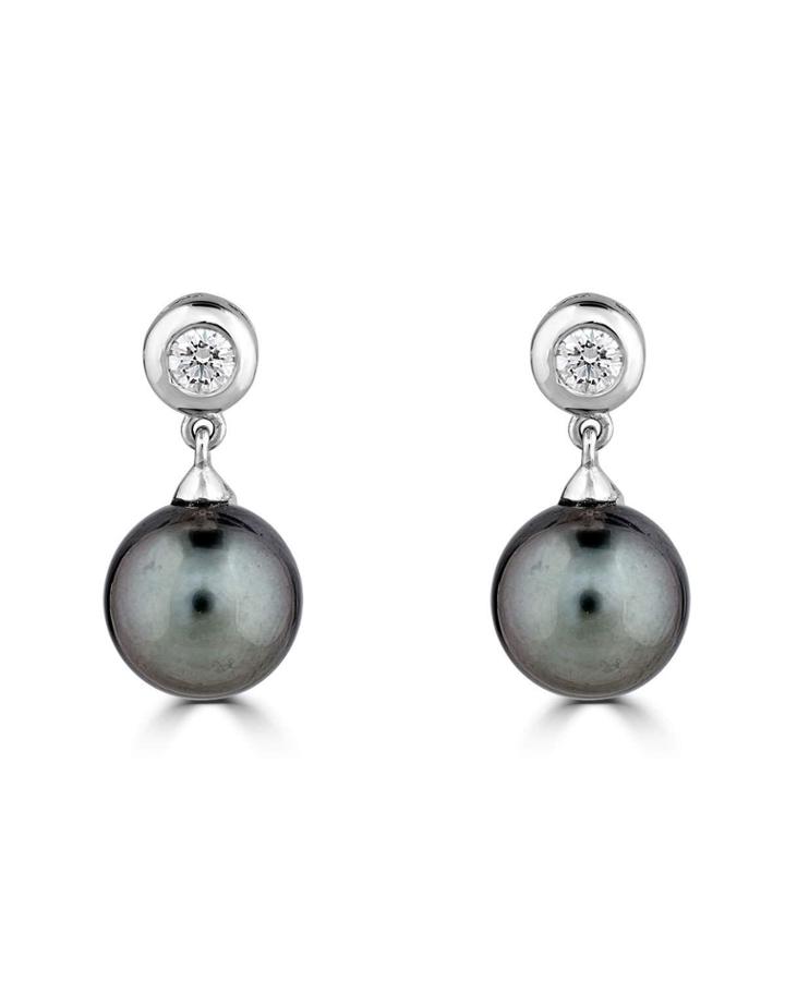 18k White Gold Diamond Bezel & Tahitian Pearl Earrings