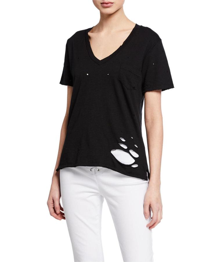 Distressed V-neck Short-sleeve Pocket Tee, Black