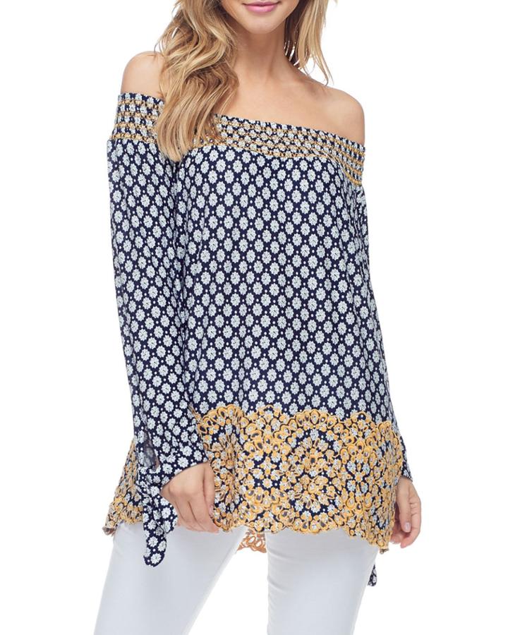 Embroidered Smocked Off-the-shoulder Top