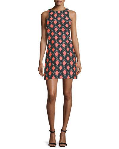 Sleeveless Diamond-print Sheath Dress,