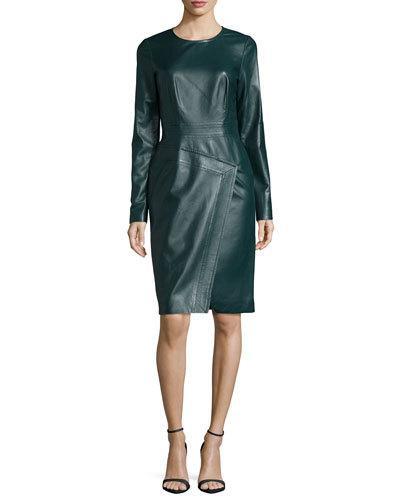 Long-sleeve Jewel-neck Sheath Dress, Midnight Forest