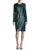 Long-sleeve Jewel-neck Sheath Dress, Midnight Forest