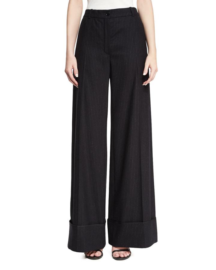 Cuffed Wide-leg Pinstriped Pants