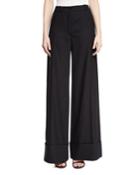 Cuffed Wide-leg Pinstriped Pants