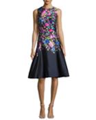 Sleeveless Floral-print Sateen Dress, Navy/multi