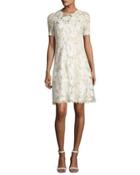 Larsa Short-sleeve Lace Dress, Cream