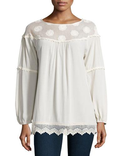 Lace-inset Peasant Blouse, Taupe