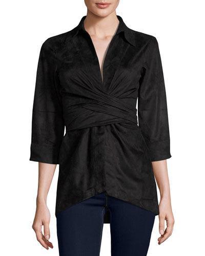 Faux-suede Wrap Blouse, Black