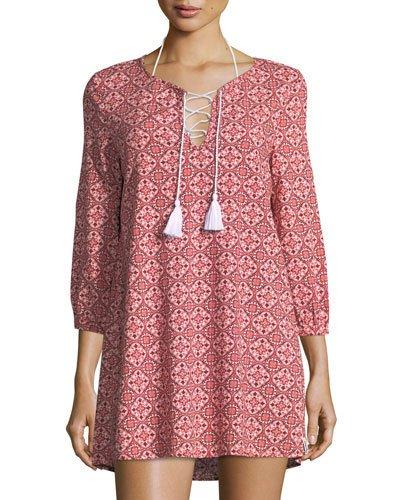 3/4-sleeve Tile-print Dress