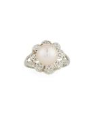 14k White Gold Pearl & Diamond Floral Ring,
