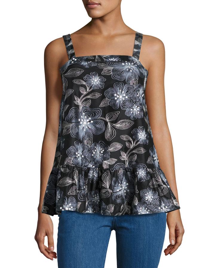 Embroidered Floral Leaf Ruffle Top, Navy