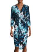 Pleat-front 3/4-sleeve Dress, Blue Pattern