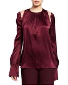 Silk Crewneck Long-sleeve Blouse With