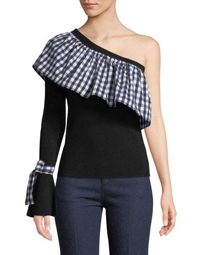 One-shoulder Gingham-trim