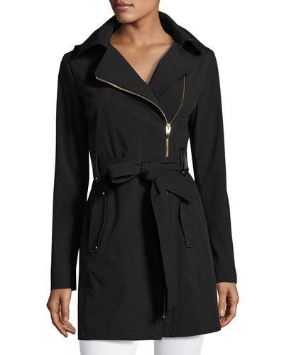 Belted Asymmetrical Soft-shell Trench Coat, Black