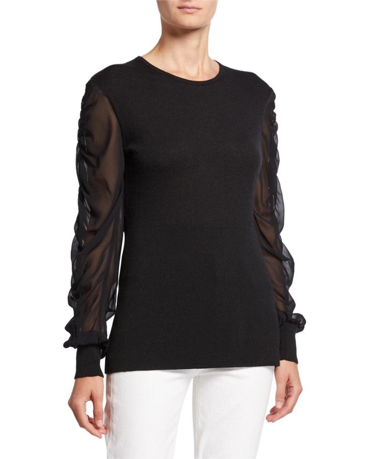 Twofer Cashmere Crewneck Chiffon-sleeve