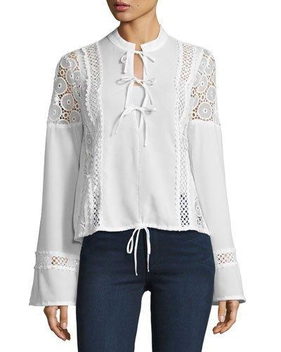 Farrah Bow-front Lace-trim Blouse, Ivory