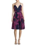 Sleeveless Chiffon Dress W/embellished Flowers, Navy