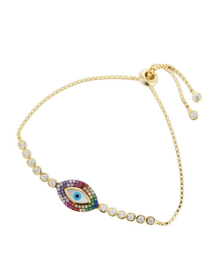 Adjustable Evil Eye Bracelet W/ Rainbow Cubic Zirconia