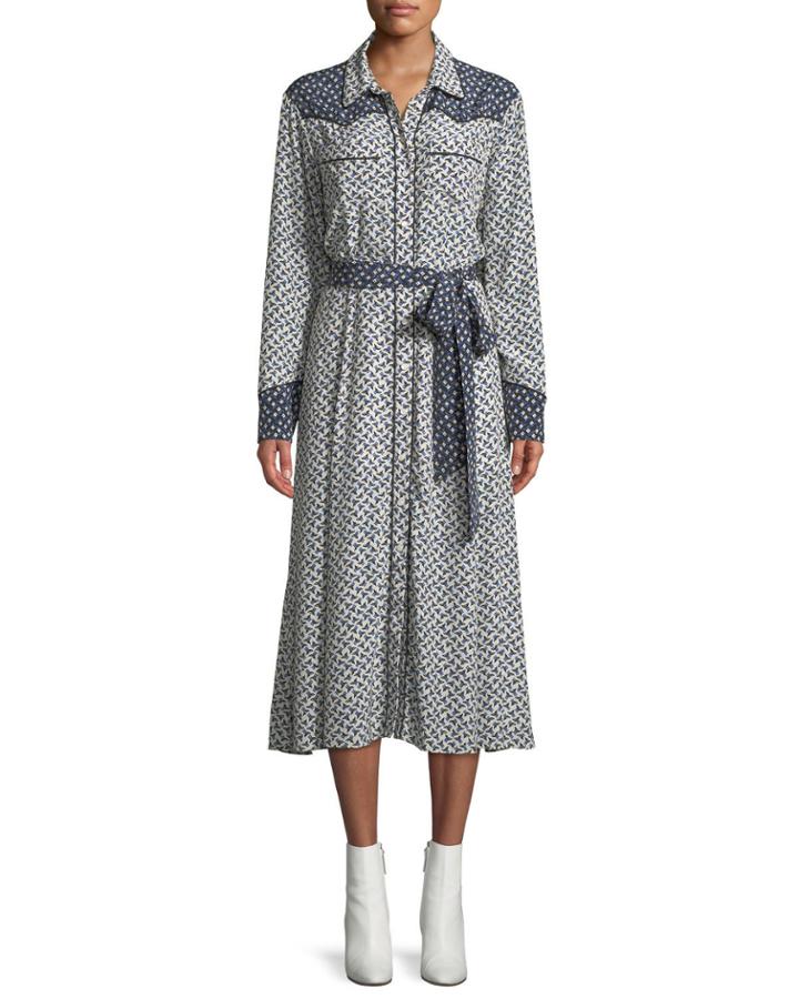 Spur Floral Long-sleeve Button-front Dress