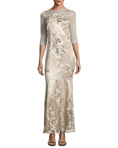 3/4-sleeve Illusion-yoke Gown