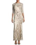 3/4-sleeve Illusion-yoke Gown