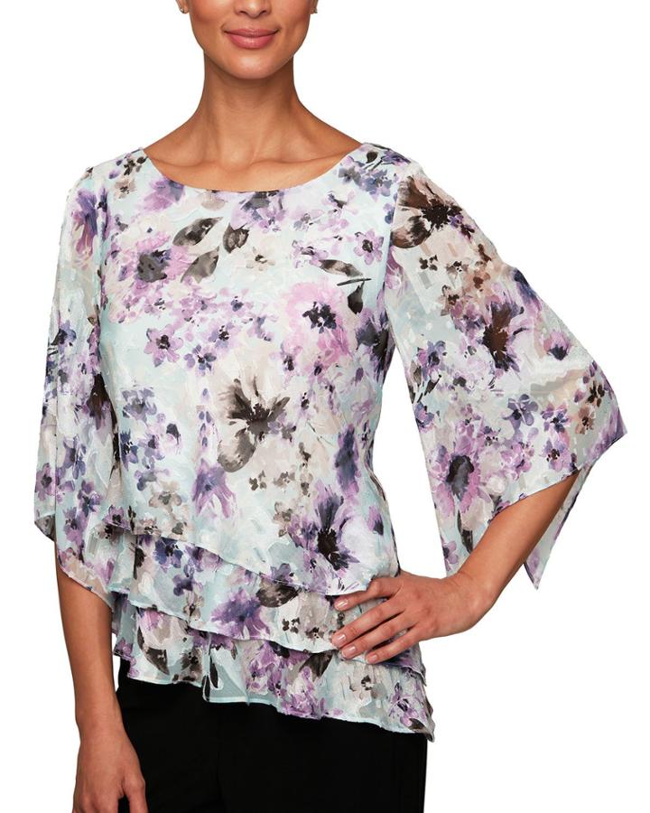 Floral 3/4-sleeve Burnout Asymmetric Tiered Blouse