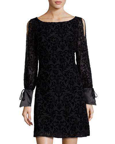 Velvet Paisley Cold-shoulder Dress, Black