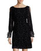 Velvet Paisley Cold-shoulder Dress, Black
