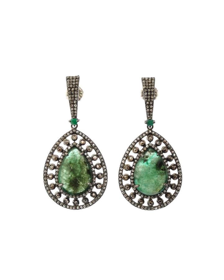 Silver Framed Teardrop Earrings With Green Emerald & Diamonds