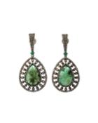 Silver Framed Teardrop Earrings With Green Emerald & Diamonds