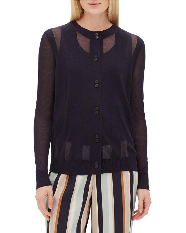 Crewneck Long-sleeve Sheer Striped Voile Cardigan