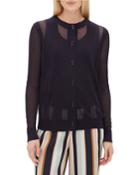 Crewneck Long-sleeve Sheer Striped Voile Cardigan