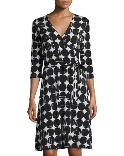 3/4-sleeve Polka Dot Perfect Wrap Dress, Black