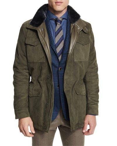 Suede & Leather Jacket With Shearling Fur Collar