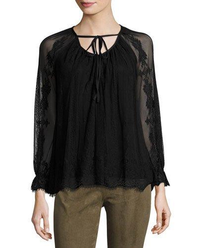 Long-sleeve Tie-neck Lace Blouse, Black