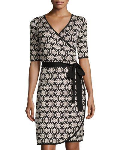 Half-sleeve Faux-wrap Sweater Dress, Pink/black