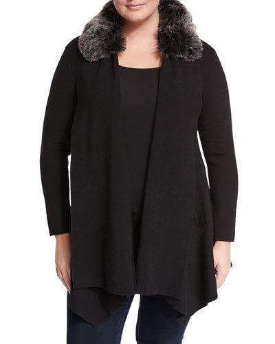 Faux Fur-trim Open-front Cardigan, Black,