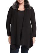 Faux Fur-trim Open-front Cardigan, Black,