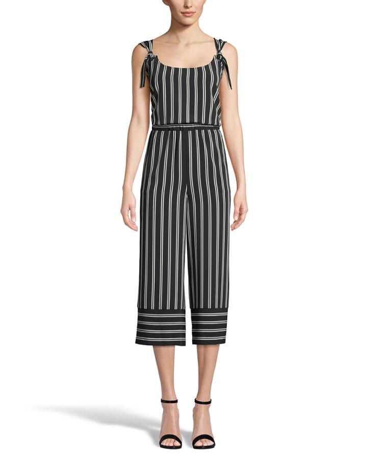 Striped Tie-shoulder Scoop-neck Cropped Jumpsuit