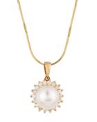 14k 9mm Pearl & Diamond Flower Pendant Necklace