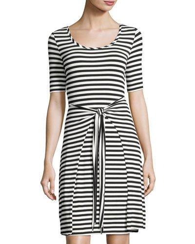 Strappy-back Self-tie Striped Dress, Black/white