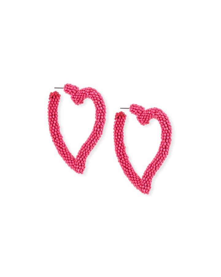 Seed Bead Heart Hoop Earrings, Fuchsia