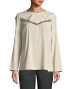 Long-sleeve Washed Silk Crewneck Top With
