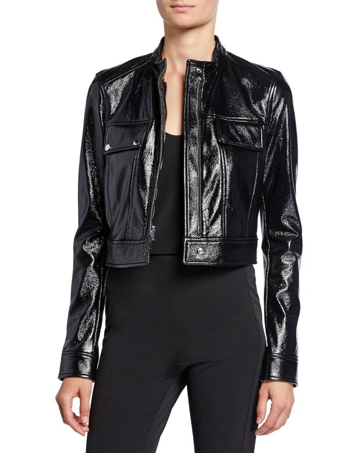 Cropped Patent Faux-leather Biker Jacket